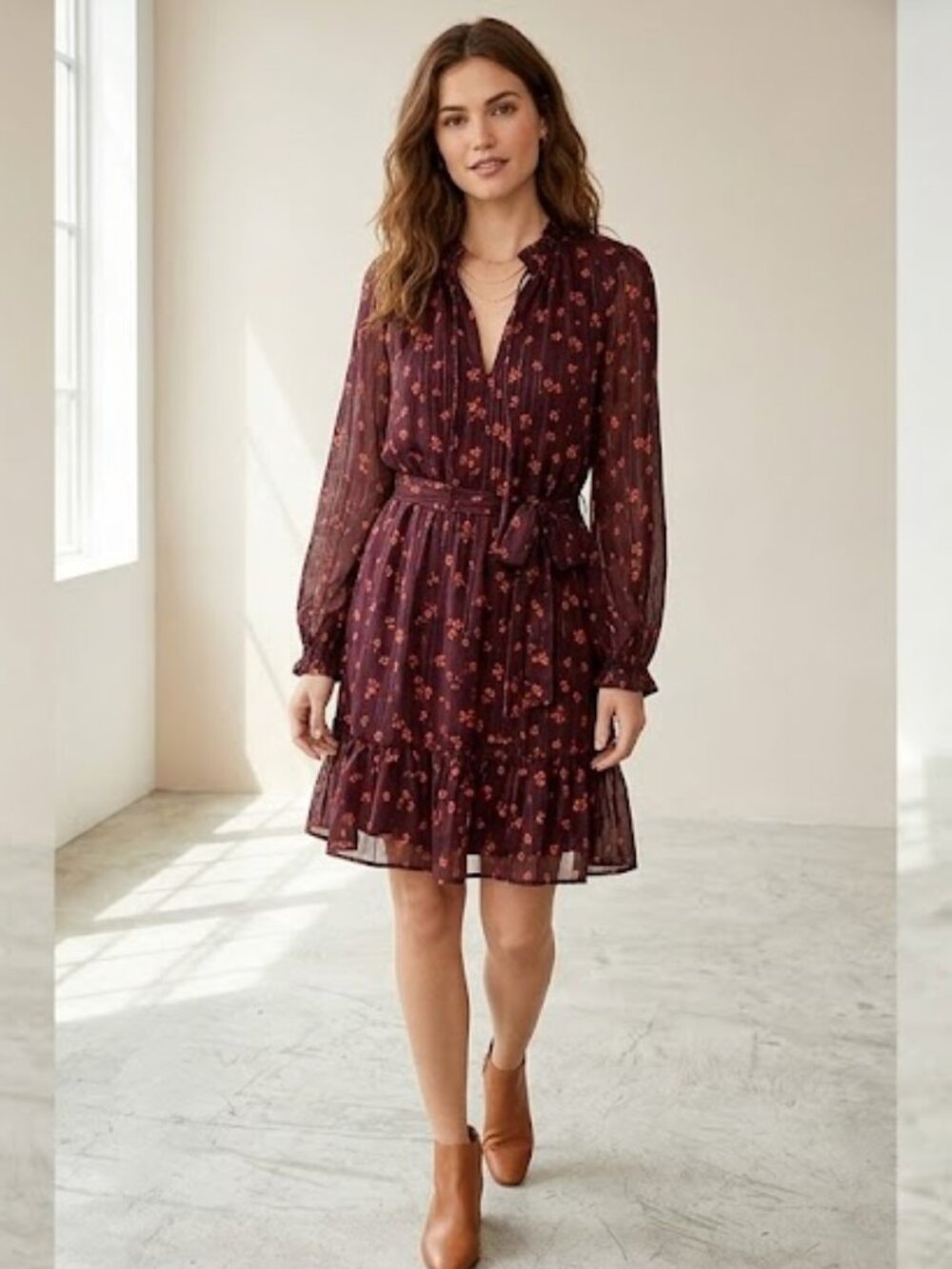 LOFT Ann Taylor NEW Maroon Rose floral print long sleeve Tiered Dress, sz M